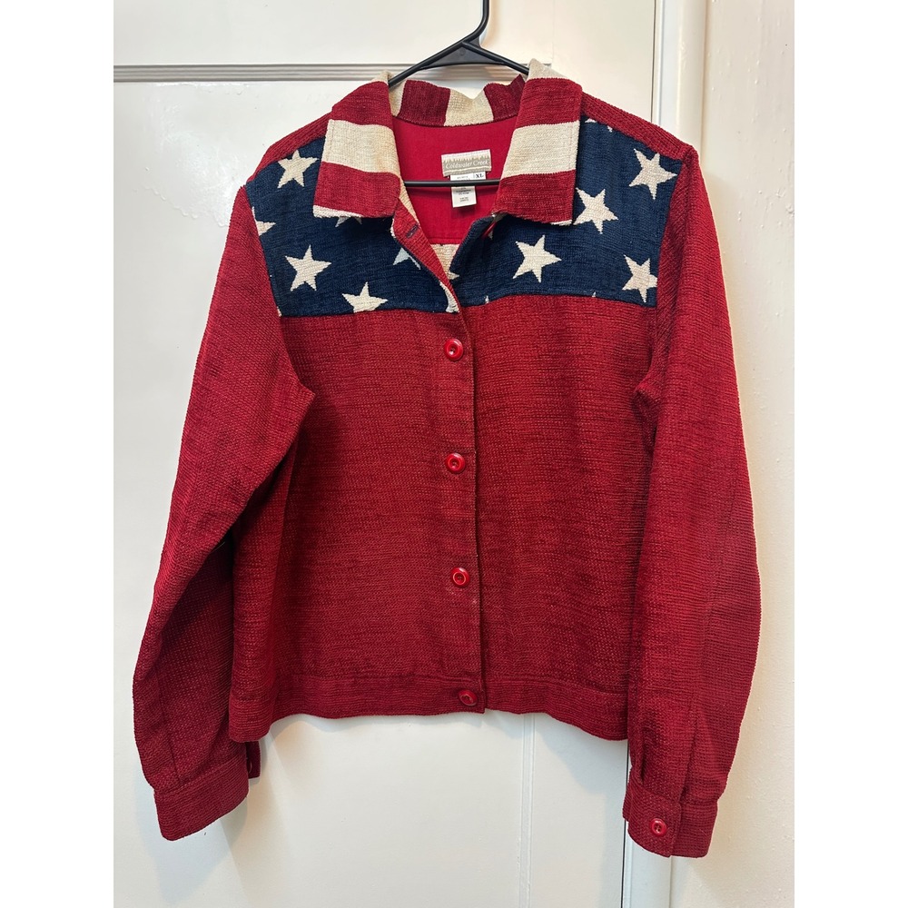 Coldwater Creek American Flag Stars Stripes Chenille‎ Jacket Red XL Made in USA